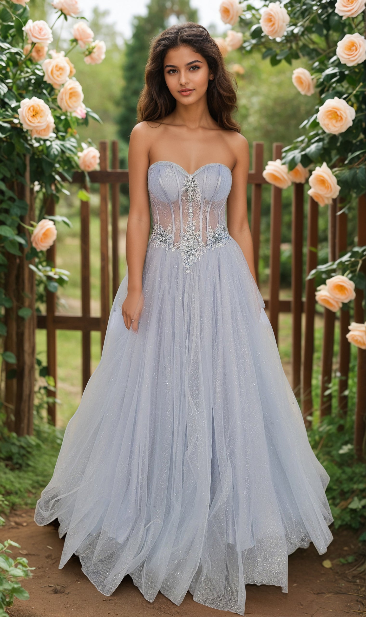 A woman in the Light Blue Prom Ball Gown: Dave and Johnny 12349, featuring a strapless glitter tulle skirt, stands outdoors by a wooden fence amid blooming peach roses.